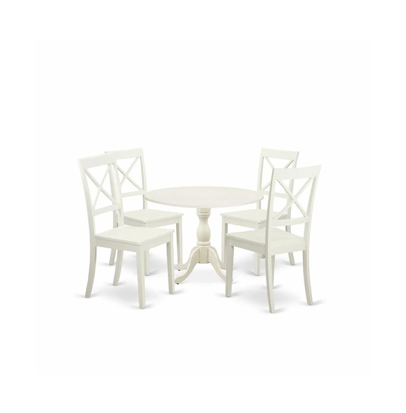 East West Furniture 5 Piece Wood Dining Table Set Consists of 1 Drop Leaves Dining Table and 4 Linen White Wooden Kitchen Chairs with X-Back