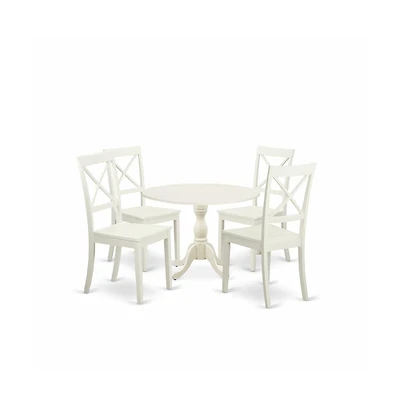 East West Furniture 5 Piece Wood Dining Table Set Consists of 1 Drop Leaves Dining Table and 4 Linen White Wooden Kitchen Chairs with X-Back