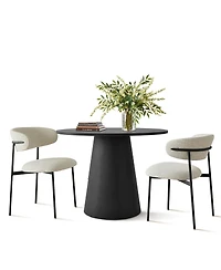 Maison Boucle 3-Piece 35" Round Black Dining Table Set with Cone Base and 2 Blue Upholstered Curved Back Chairs, Modern Small Space Dining-Mais