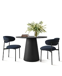 Maison Boucle 3-Piece 35" Round Black Dining Table Set with Cone Base and 2 Blue Upholstered Boucle Curved Back Chairs, Modern Small Space Dining-Mais
