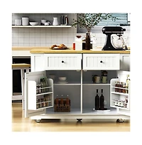 Maison Boucle 48'' Farmhouse-Style White Kitchen Island Cart with Foldable Countertop, Power Strip, 5 Side Racks, and Drawers-Maison Boucle