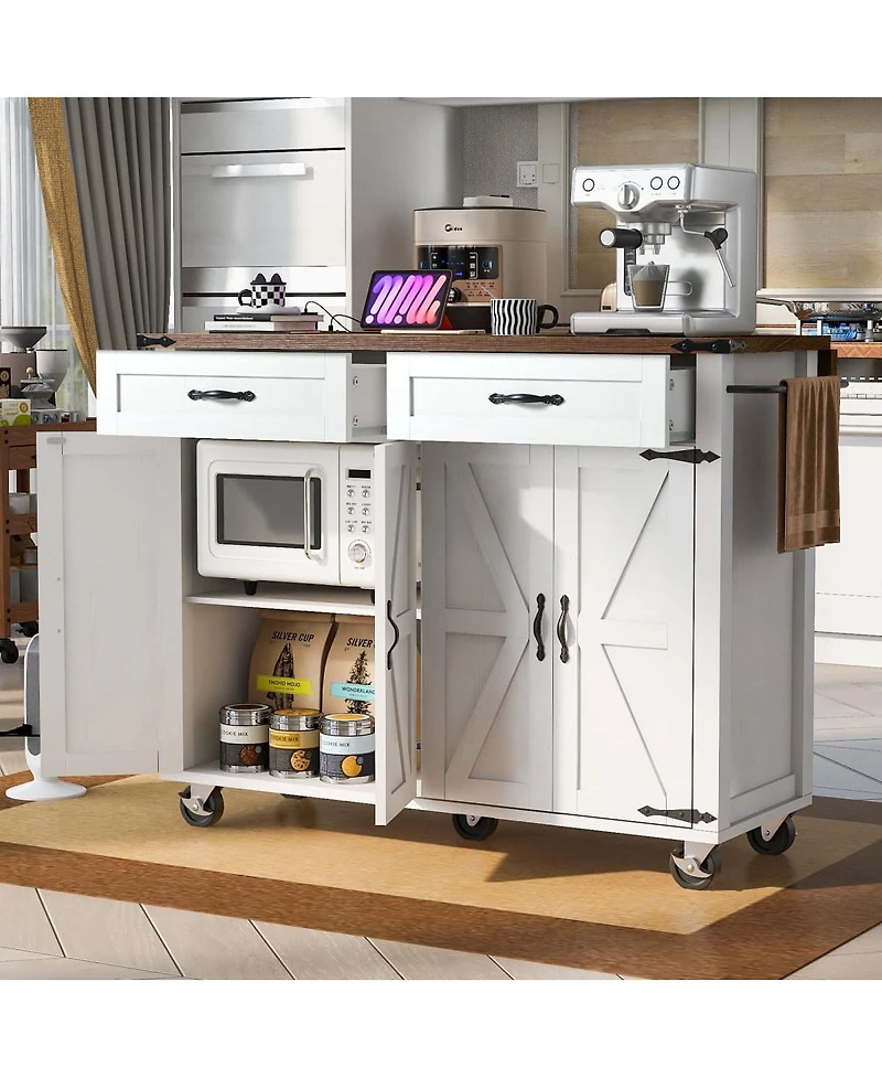 Maison Boucle 47.2" White Farmhouse Rolling Kitchen Island Cart with Drop Leaf, Power Outlet, Spice Rack, Drawers & Storage Cabinet-Maison