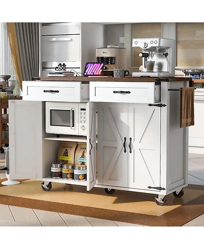 Maison Boucle 47.2" White Farmhouse Rolling Kitchen Island Cart with Drop Leaf, Power Outlet, Spice Rack, Drawers & Storage Cabinet-Maison