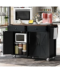 Maison Boucle 47.2" White Farmhouse Rolling Kitchen Island Cart with Drop Leaf, Power Outlet, Spice Rack, Drawers & Storage Cabinet-Maison Boucle