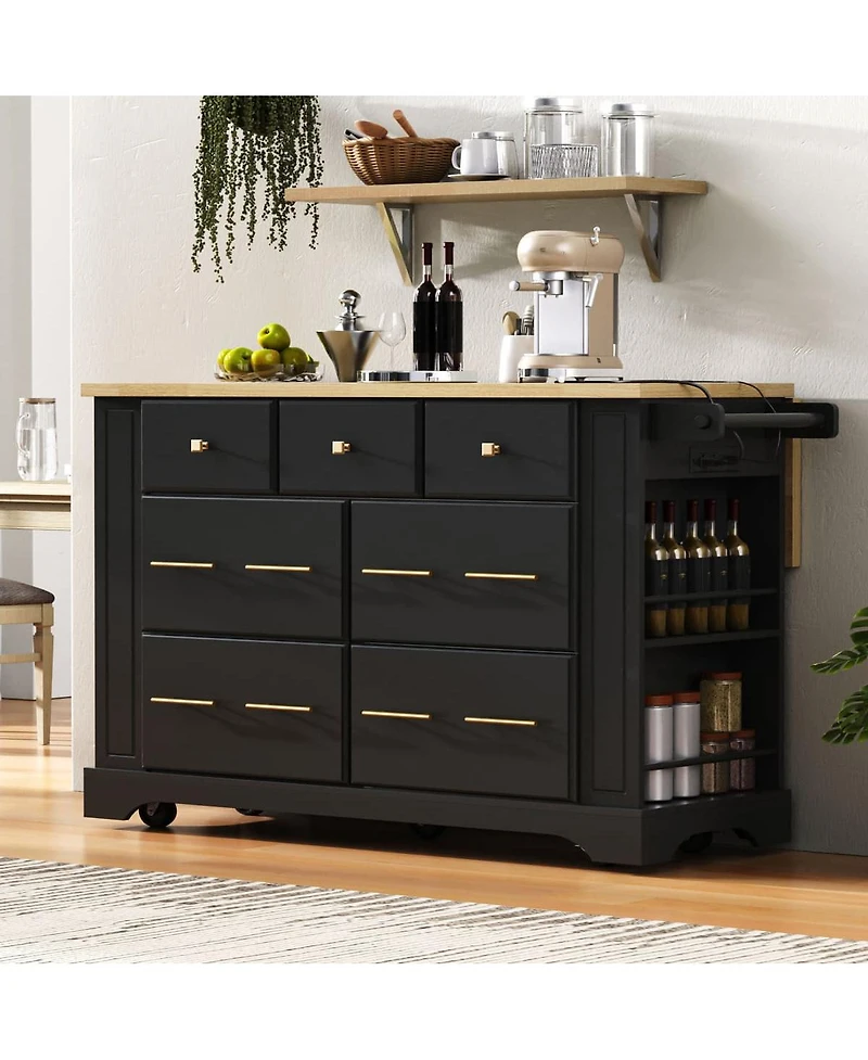 Maison Boucle Rolling Kitchen Island Cart with 6 Drawers, Pull-Out Trash Bin Cabinet, Drop Leaf, Power Outlet & Side Racks for Storage-Maison