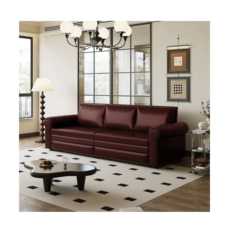 Maison Boucle 93.7" Faux Leather King Pull Out Sofa Bed, 3-in-1 Convertible Sleeper Couch with Rolled Arms & Nailhead Trim for Living Room-Maison Bouc