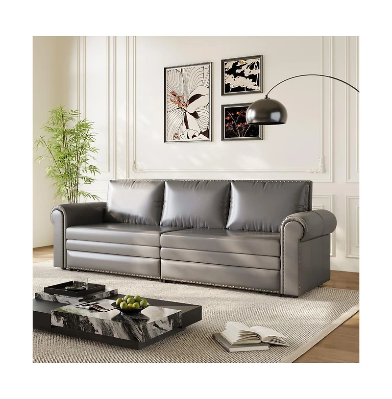 Maison Boucle 93.7" Faux Leather King Pull Out Sofa Bed, 3-in-1 Convertible Sleeper Couch with Rolled Arms & Nailhead Trim for Living Room-Maison Bouc