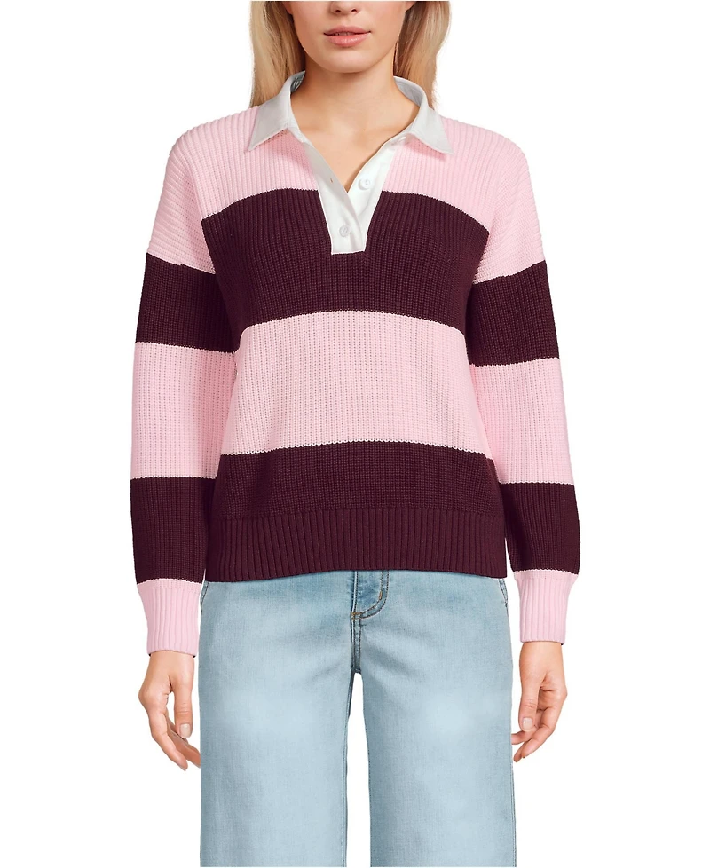 Lands' End Women's Petite Drifter Rugby with Woven Collar Sweater