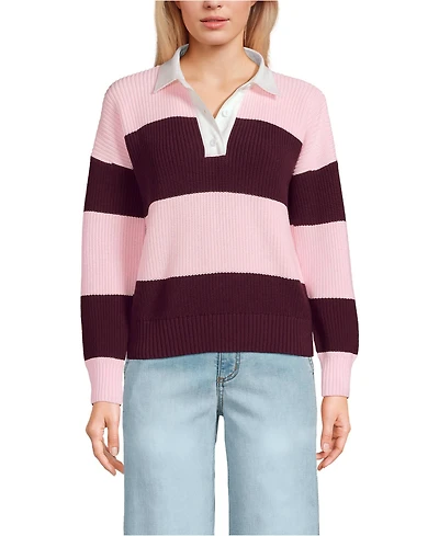 Lands' End Women's Petite Drifter Rugby with Woven Collar Sweater