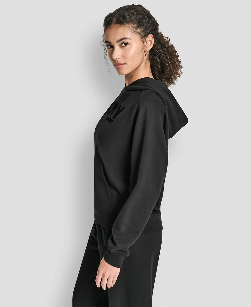Dkny Women's Flock Logo Kanga Pocket Pull-On Hoodie