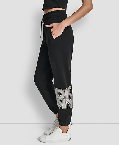 Dkny Women's Mixed Metal Stacked Glitter Logo Jogger