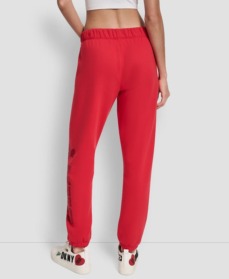 Dkny Women's Exploded Rhinestone Varsity Logo High Rise Relaxed Jogger