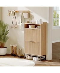 gaomon Narrow Shoe Cabinet Storage for Entryway, Modern Fluted Shoe Rack Organizer with 2 Flip Drawers and an Open Shelf for Hallway, Living Room, Nat