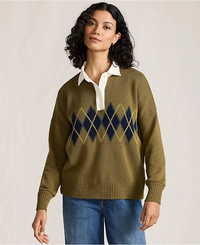 Lands' End Women's Drifter Jacquard Rugby with Woven Collar Sweater