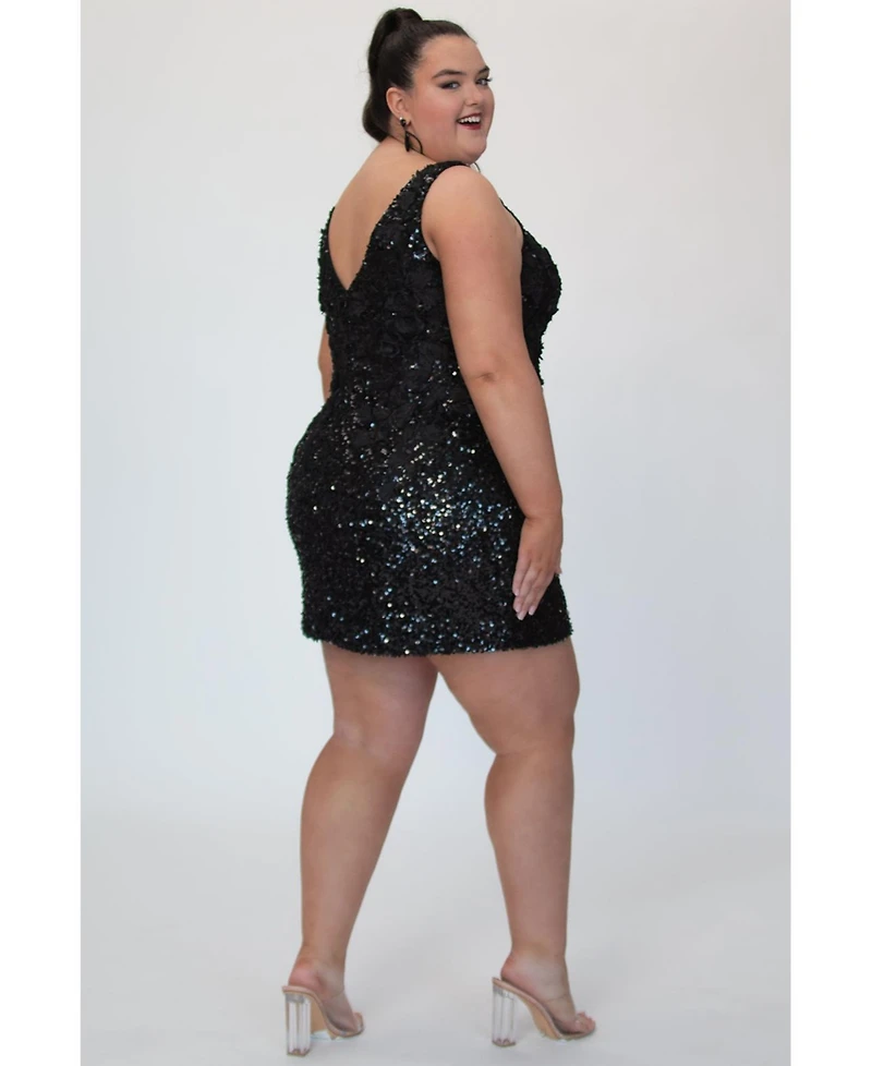 Sydney's Closet Sequin & 3D Floral Lace Mini Black Party Dress