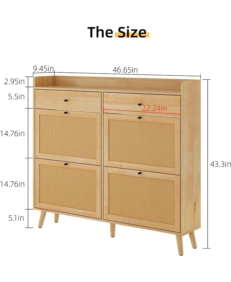 gaomon Shoe Cabinet Storage with 4 Flip Drawers, Rattan Narrow Shoe Rack Cabinet Storage for Entryway Hallway Living Room Closet, Nature Oak