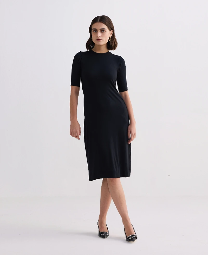 Reistor Women's High Crew Neck Elbow Sleeves Fitted Dress Black