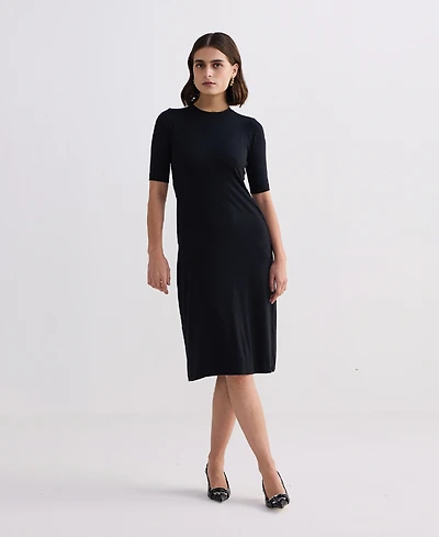Reistor Women's High Crew Neck Elbow Sleeves Fitted Dress Black