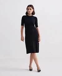 Reistor Women's High Crew Neck Elbow Sleeves Fitted Dress Black
