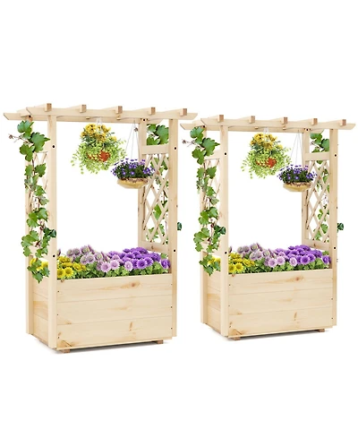 Gymax 2PCS Wooden Raised Garden Bed/ Lattice Trellises Hanging Roof Drainage Outdoor