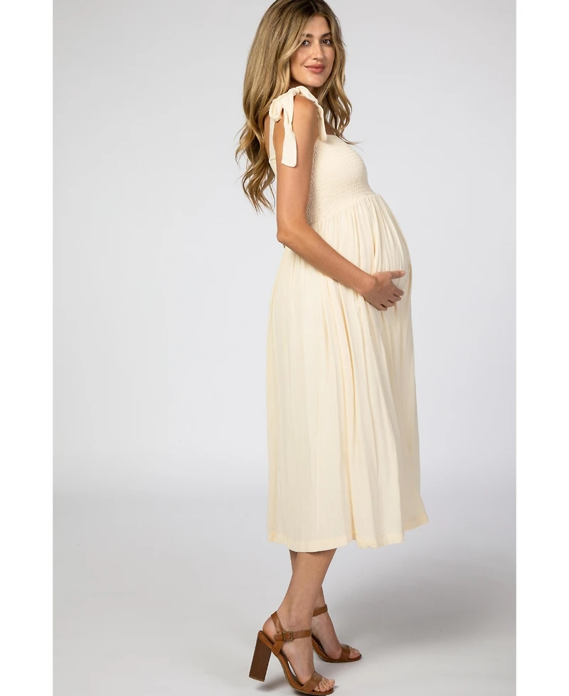 Pinkblush Maternity Beige Smocked Tie Strap Midi Dress