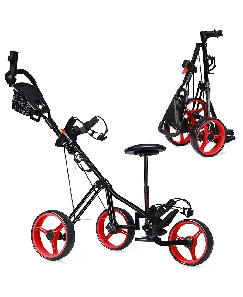 Foldable 3 Wheels Push Pull Golf Trolley with Scoreboard Bag-Red
