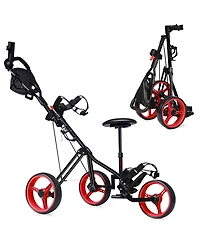 Foldable 3 Wheels Push Pull Golf Trolley with Scoreboard Bag-Red