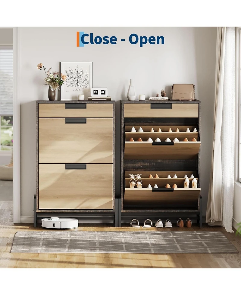 gaomon Shoe Storage Organizer with 2 Flip Drawers and 1 Drawer, Freestanding Narrow Shoe Rack, Shoe Storage Organizer with 3-Tier Adjustable Shelves,