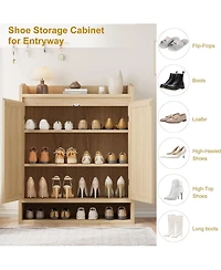 gaomon Rattan Shoe Cabinet with 2 Doors, Wooden Shoe Storage Organizer with Adjustable Shelves, 5-Tier Shoe Storage Cabinet for Entryway, Hallway, Clo