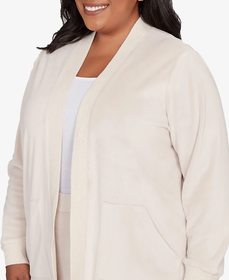 Alfred Dunner Plus Calm Luxe Open Front Rib Trim Cardigan