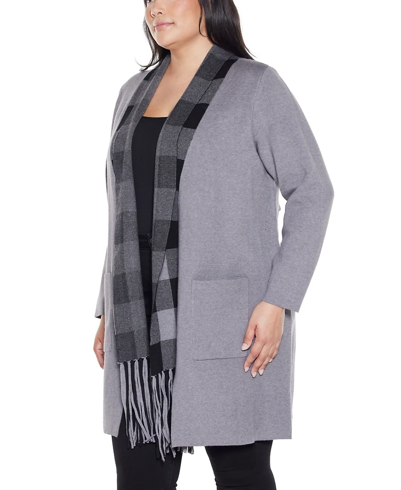 Belldini Plus Black Label Scarf-Effect Open-Front Coatigan Sweater