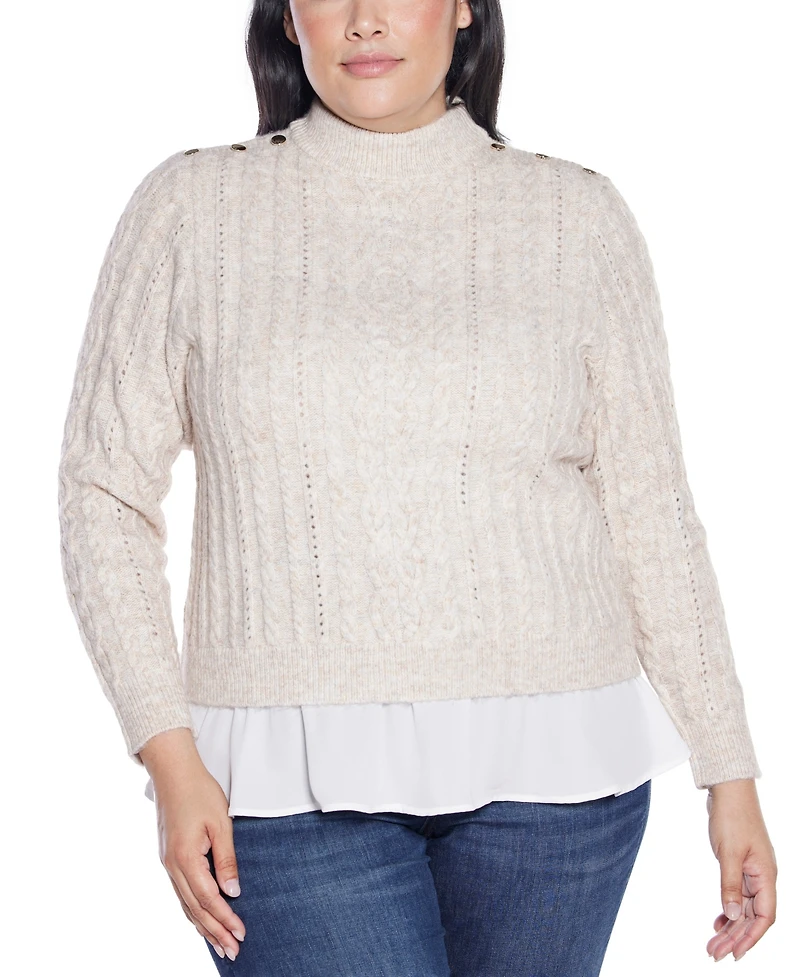 Belldini Plus Black Label Chiffon-Hem Cable Sweater