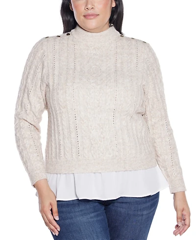 Belldini Plus Black Label Chiffon-Hem Cable Sweater