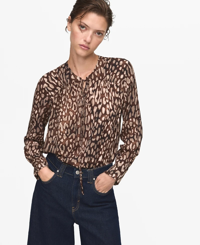 Mango Women's Leopard Satin Tie Detail Blouse