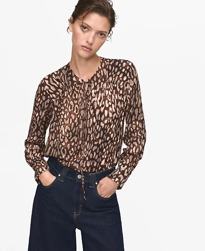 Mango Women's Leopard Satin Tie Detail Blouse