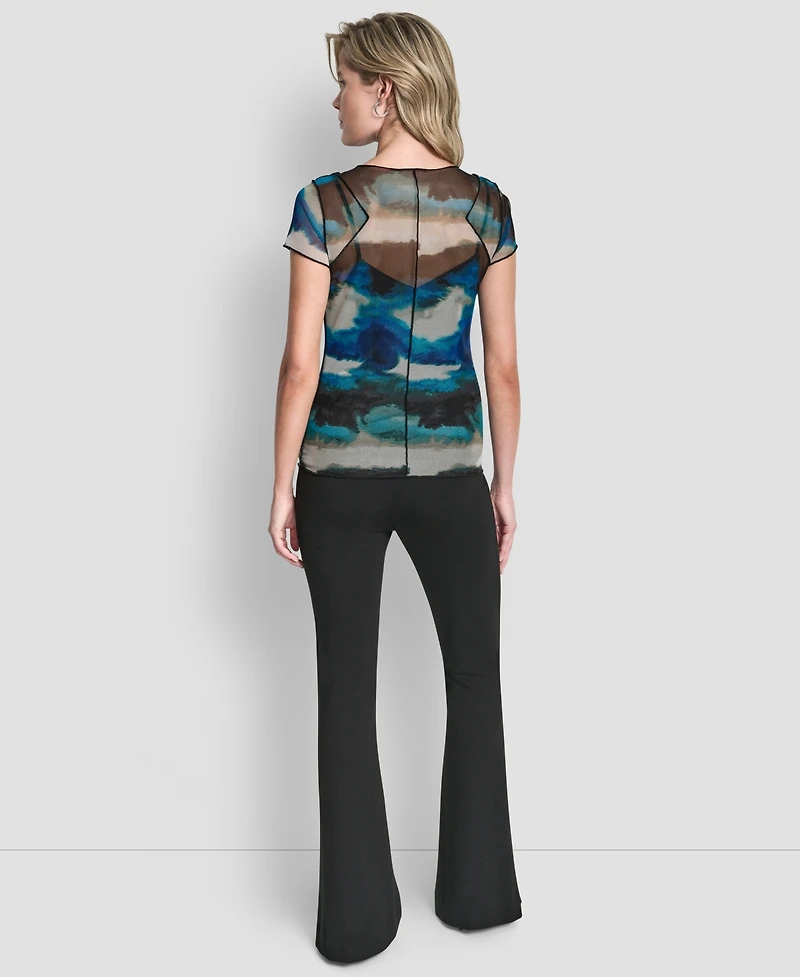 Dkny Women's Printed Mesh Xposd Seam Short Sleeve Top