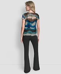 Dkny Women's Printed Mesh Xposd Seam Short Sleeve Top