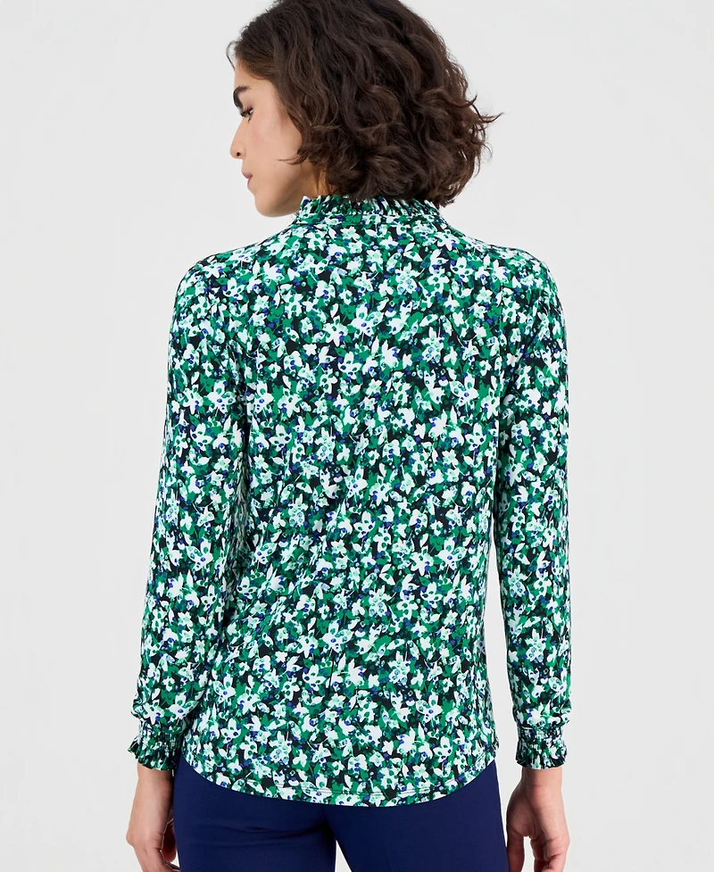 Ak Anne Klein Petite Ruffled-Neck Smocked-Cuff Top