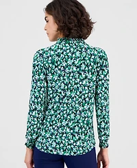 Ak Anne Klein Petite Ruffled-Neck Smocked-Cuff Top