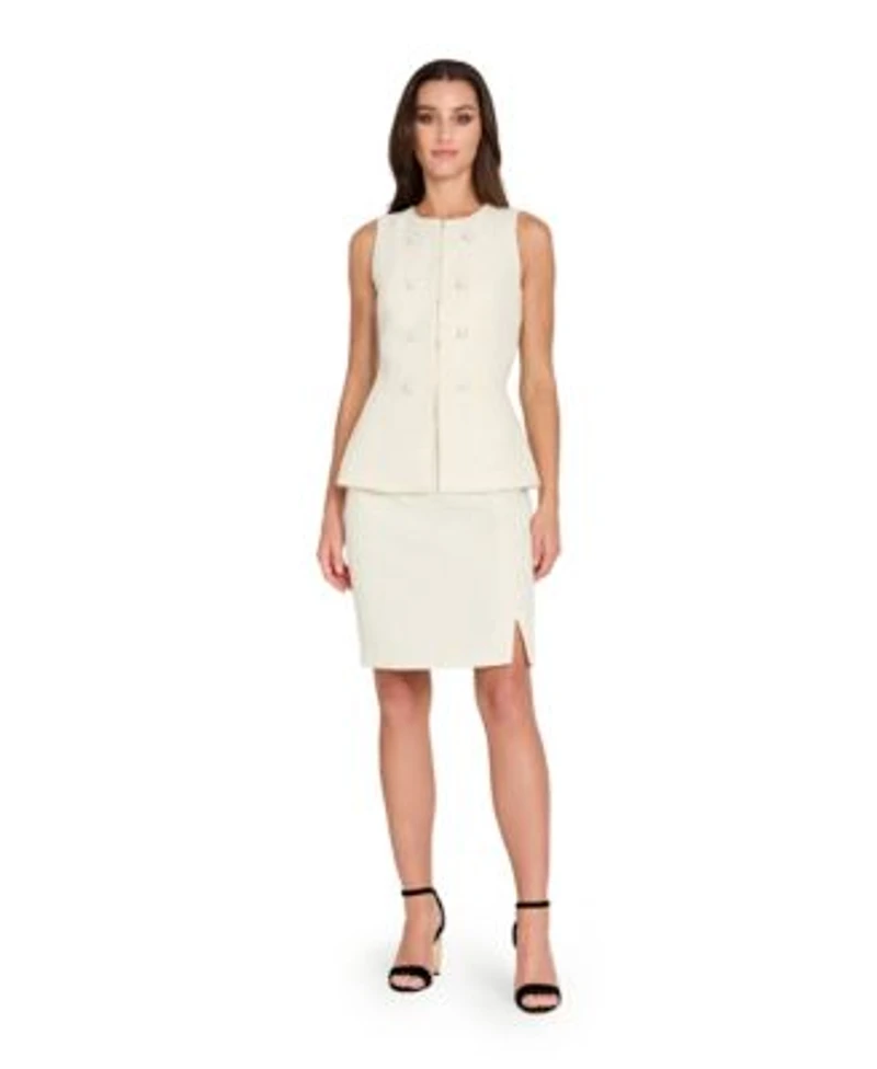 Tahari Asl Womens Collarless Cropped Boucle Vest Boucle Pencil Skirt