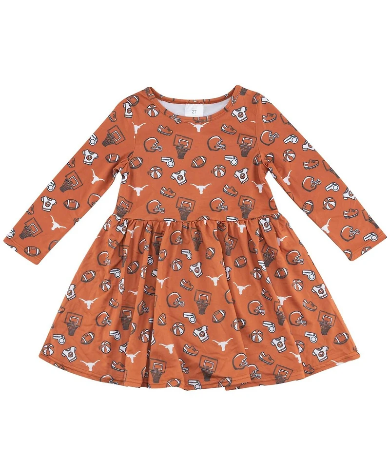 ZooZatz Girls Toddler Texas Orange Texas Longhorns Allover Print Long Sleeve Dress