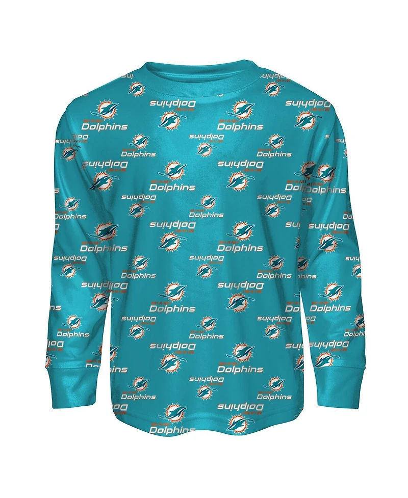 Outerstuff Big Boys and Girls 2-Piece Aqua Miami Dolphins All-Over-Print Long Sleeve T-Shirt Pants Sleep Set