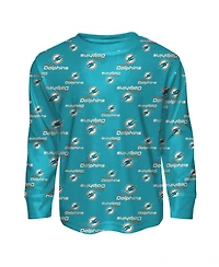 Outerstuff Big Boys and Girls 2-Piece Aqua Miami Dolphins All-Over-Print Long Sleeve T-Shirt Pants Sleep Set