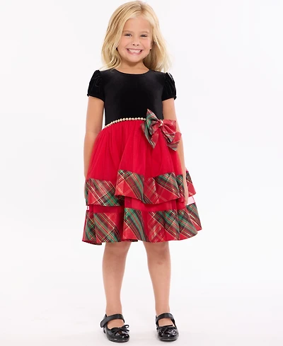 Bonnie Jean Girls 2-6X Short Sleeve Velvet to Tiered Plaid Dress