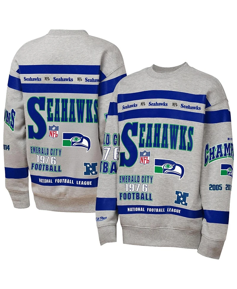 Mitchell & Ness Big Boys and Girls Gray Seattle Seahawks Throwback All-Over Print Fleece Sweatshirt
