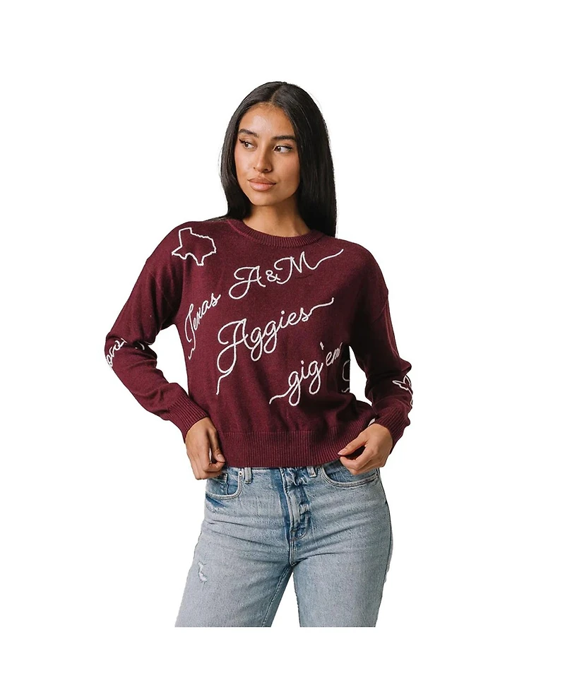 Kadyluxe Women's Maroon Texas A & M Aggies Love Note Embroidered Pullover Sweater
