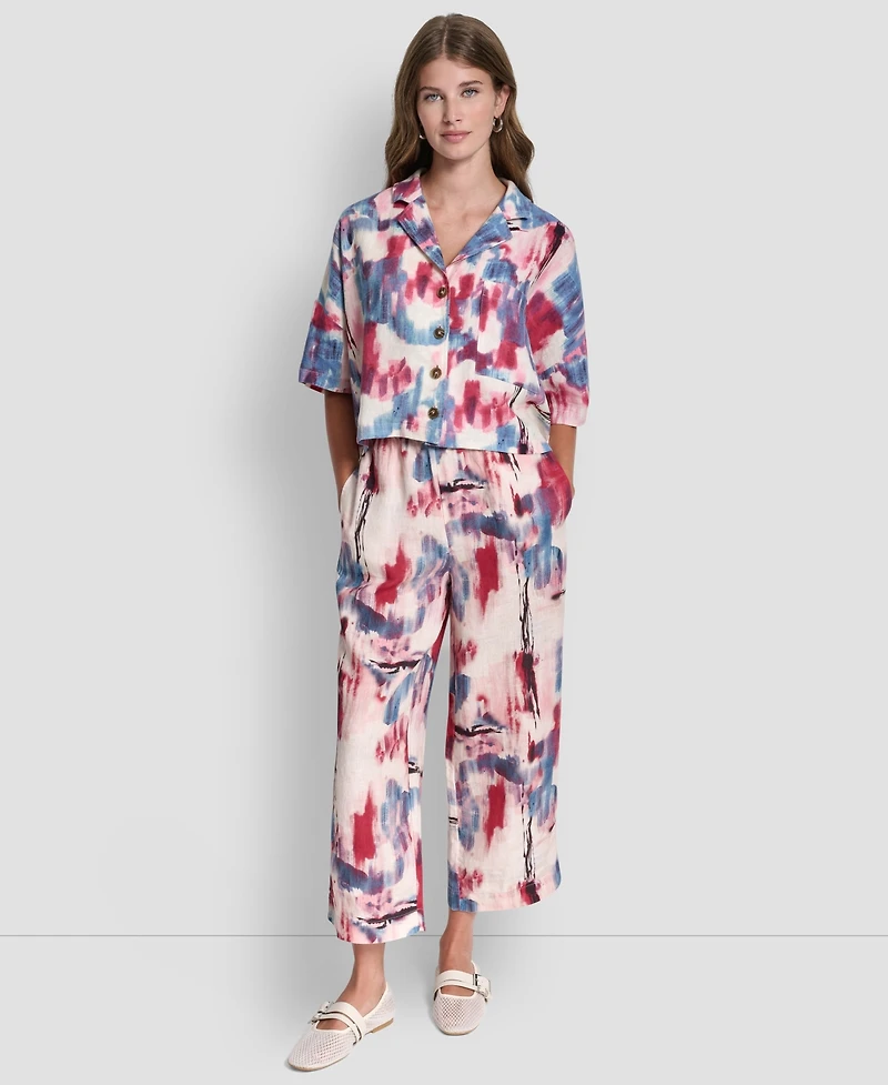 Dkny Women's Printed Short Sleeves Convertible Collar Top