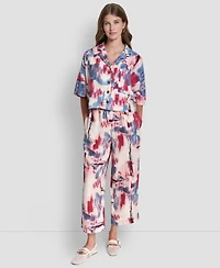 Dkny Women's Printed Short Sleeves Convertible Collar Top