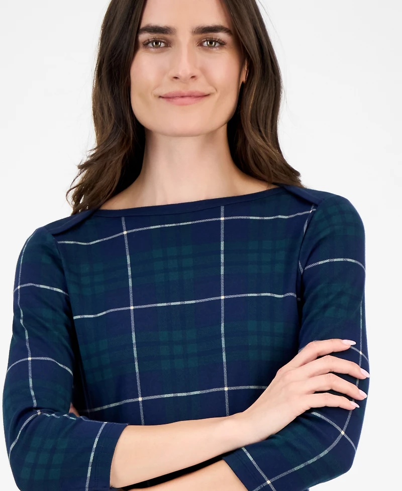 Style & Co Women's Plaid Pima Cotton 3/4 Sleeve Boat-Neck Top, Macy's Exclusive