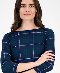 Style & Co Women's Plaid Pima Cotton 3/4 Sleeve Boat-Neck Top, Macy's Exclusive